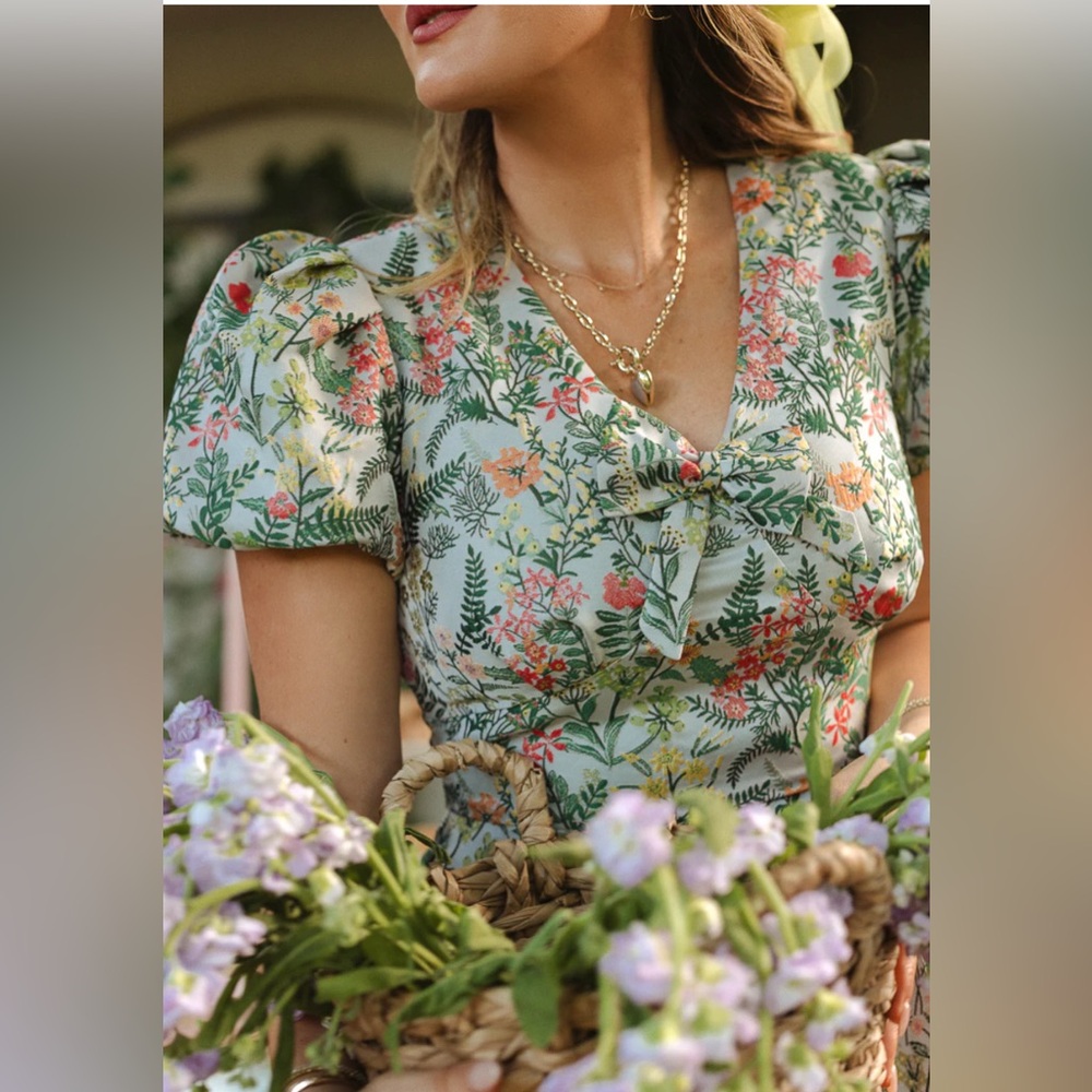 NEW Ivy City Co  Avalon  Floral Brocade Midii Puff Sleeve Bow  Dress Sz 16 - Picture 4 of 17